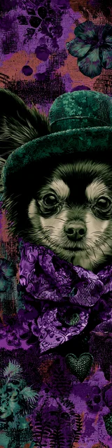 Free printable dog bookmark featuring purple scarf with black chihuahua